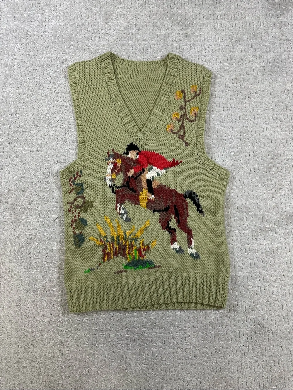 Vintage Olive Green Hand Knitted Horse Racing Vest